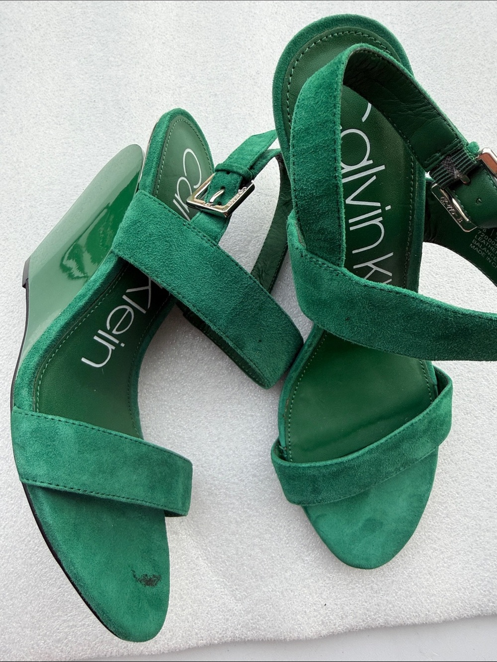 Calvin Klein Emerald Green Suede Block Heel Sandals